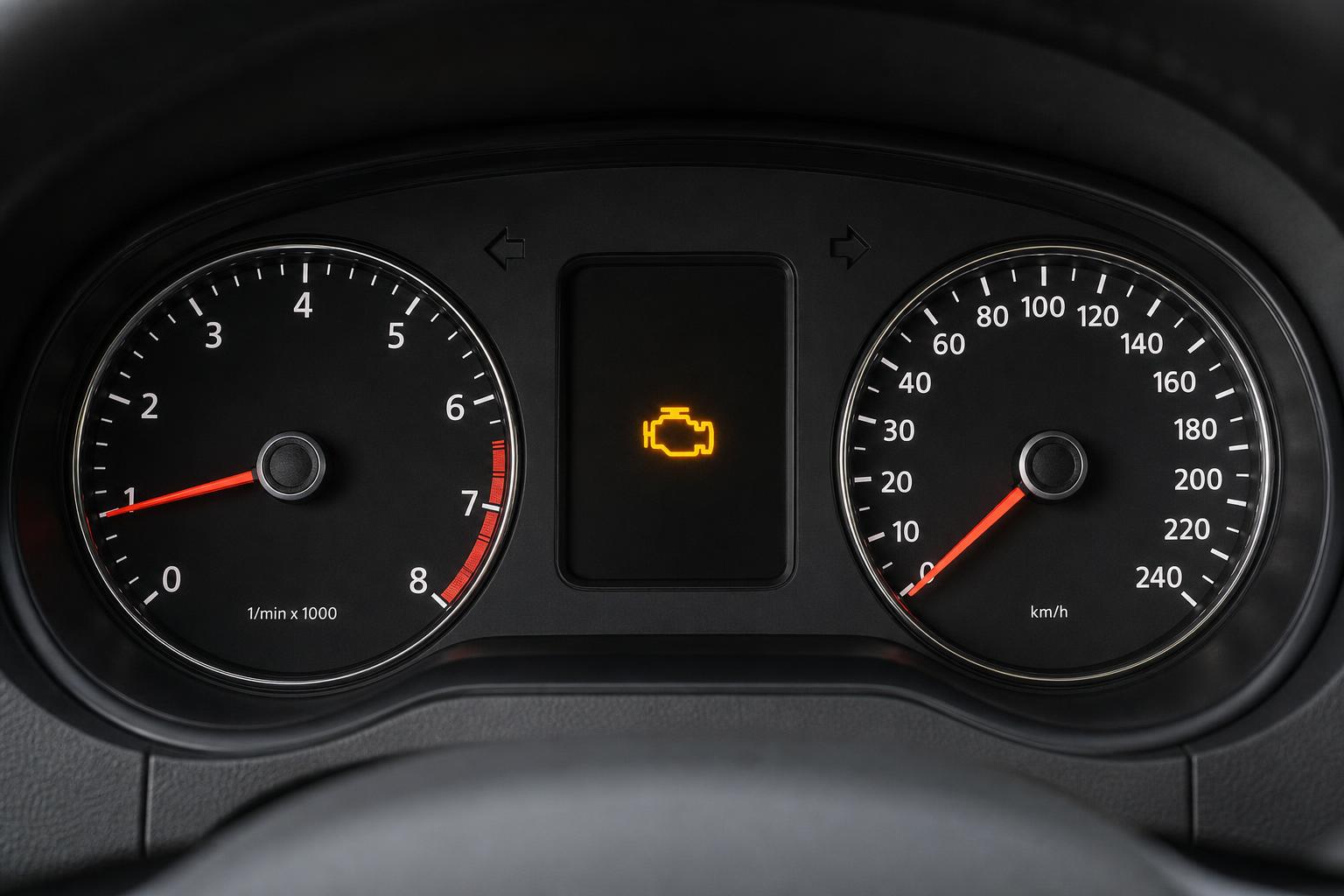 Benzines autó műszerfala világító motorhiba-jelzéssel, gyenge gyorsulás kivizsgálásának témájához