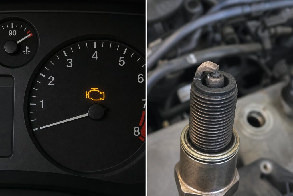 Elkopott elektródájú gyújtógyertya közeli képe egy autó motorjának részlete mellett