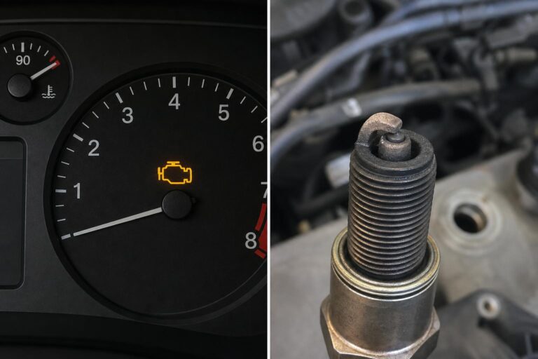 Elkopott elektródájú gyújtógyertya közeli képe egy autó motorjának részlete mellett