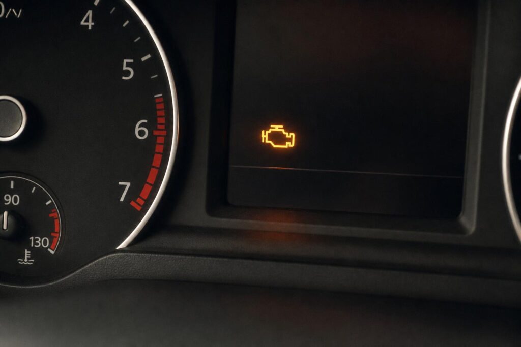 Autó műszerfala világító motorhiba-jelző ikonnal, amely gyújtógyertya- és motorhibára utalhat