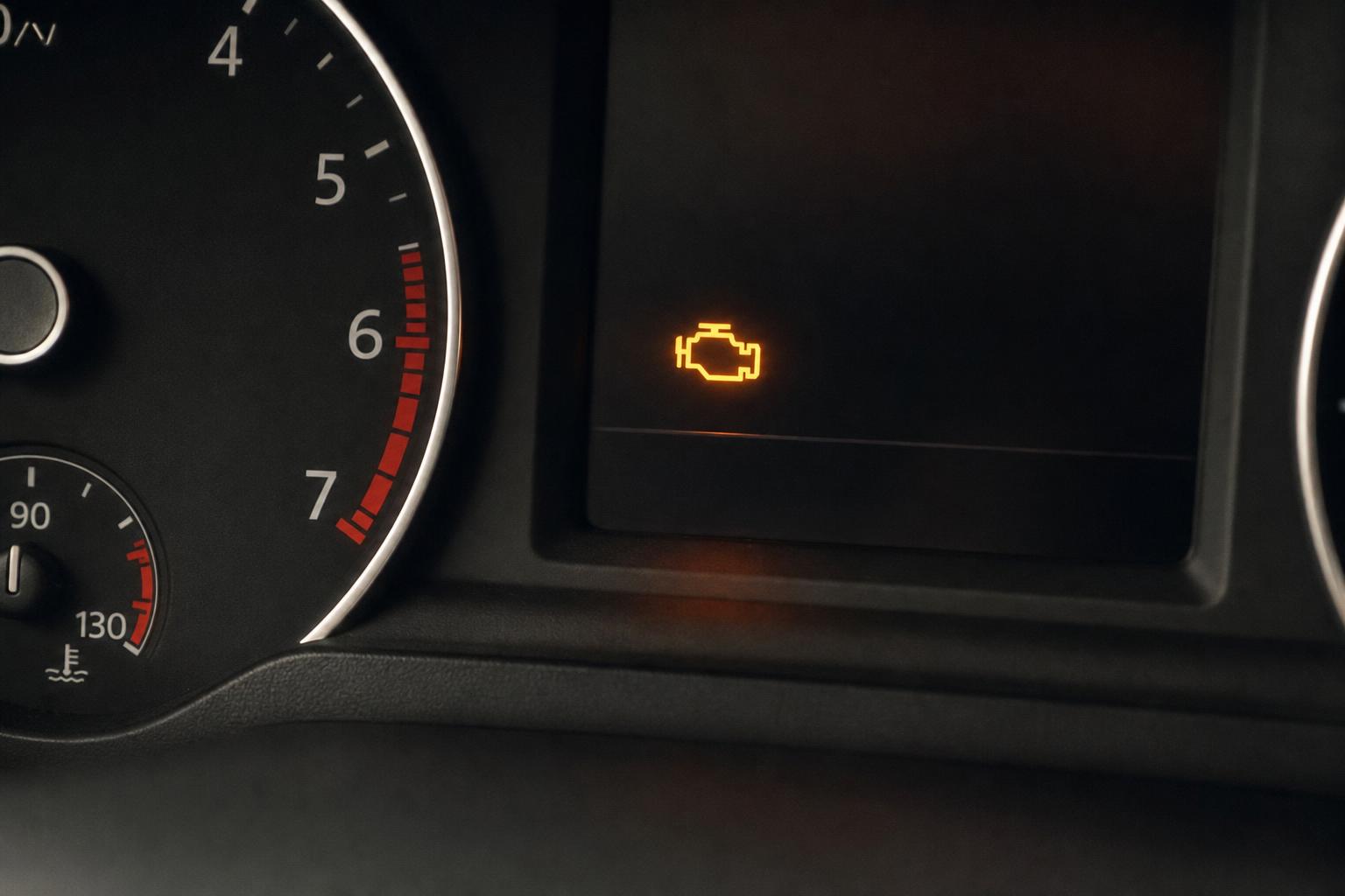Autó műszerfala világító motorhiba-jelző ikonnal, amely gyújtógyertya- és motorhibára utalhat