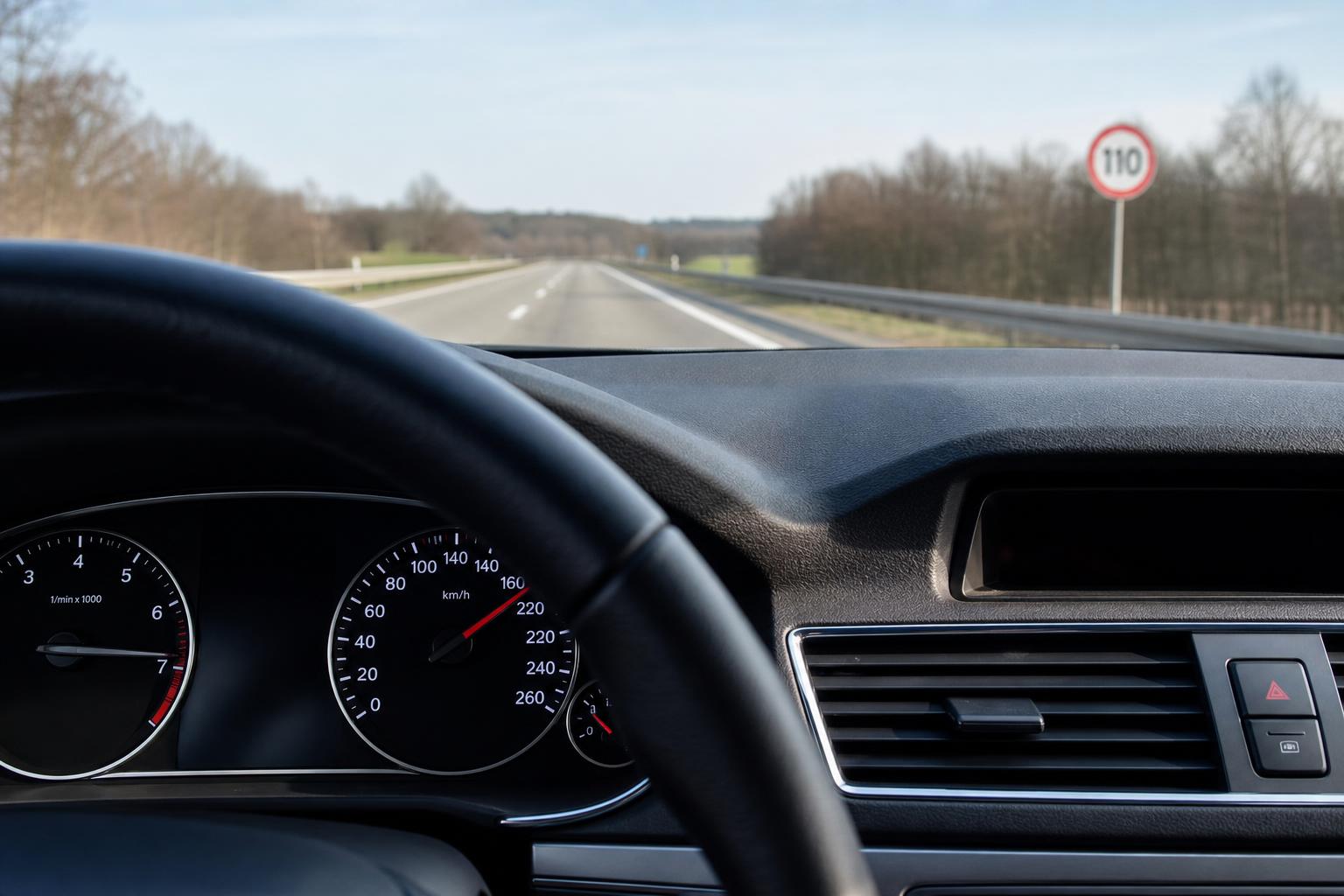 Autó műszerfala sebességmérővel és sebességkorlátozó táblával az úton