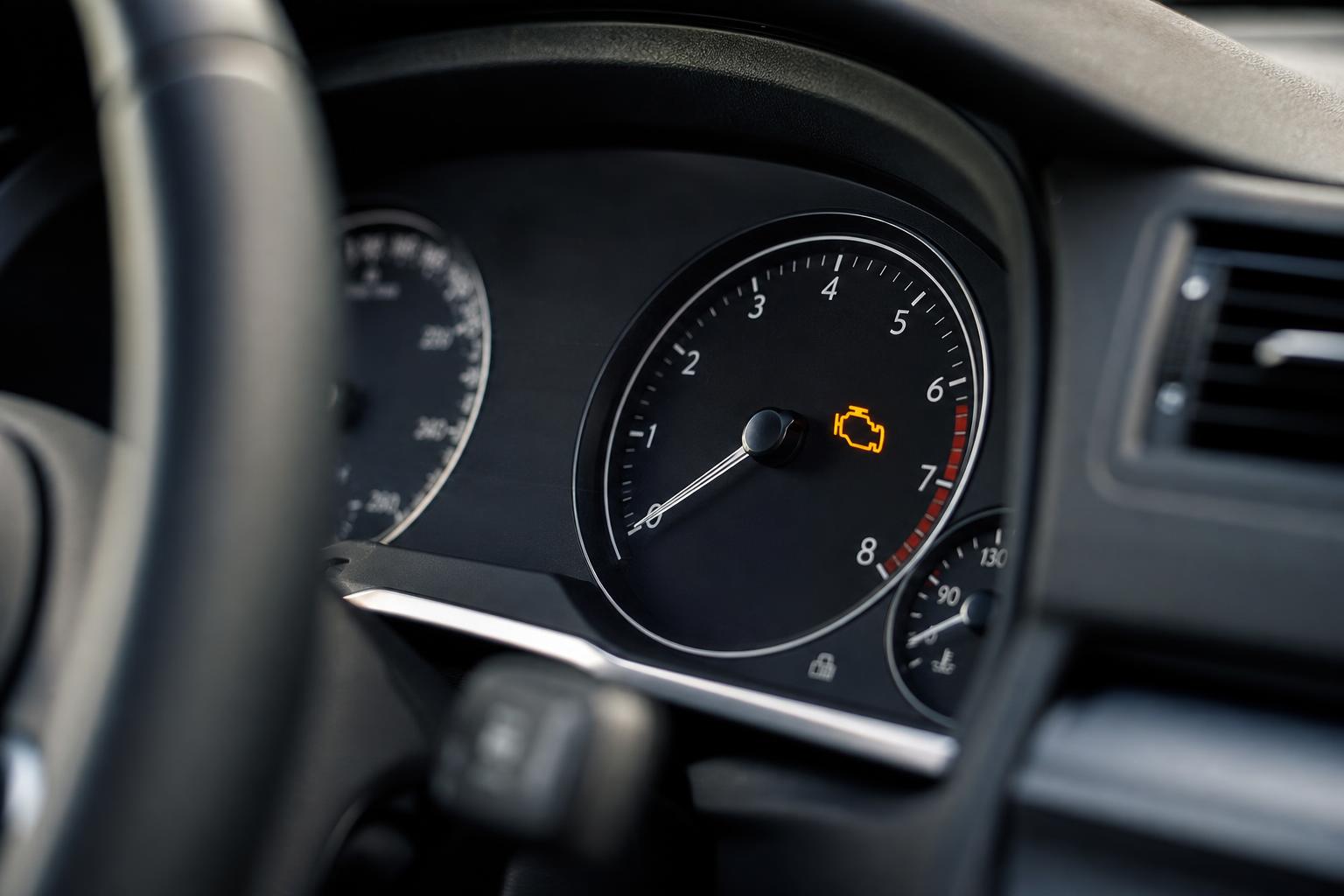 Autó műszerfala világító motorhiba-jelző lámpával gyújtáskimaradás esetén