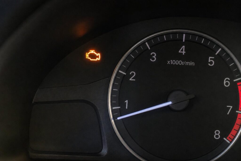 Autó műszerfala világító motorhiba-jelzővel, gyújtáskimaradásra utaló hibajelenség szemléltetéséhez