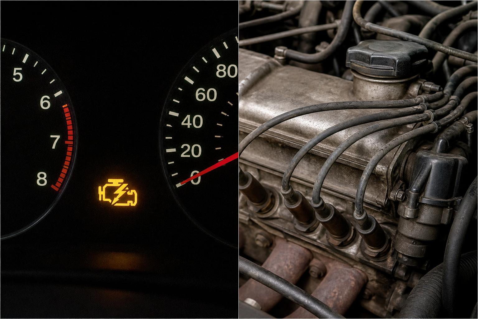 Gyújtókábelek és gyújtótrafó egy benzines autó motorterében, az egyik kábel láthatóan elöregedett szigeteléssel