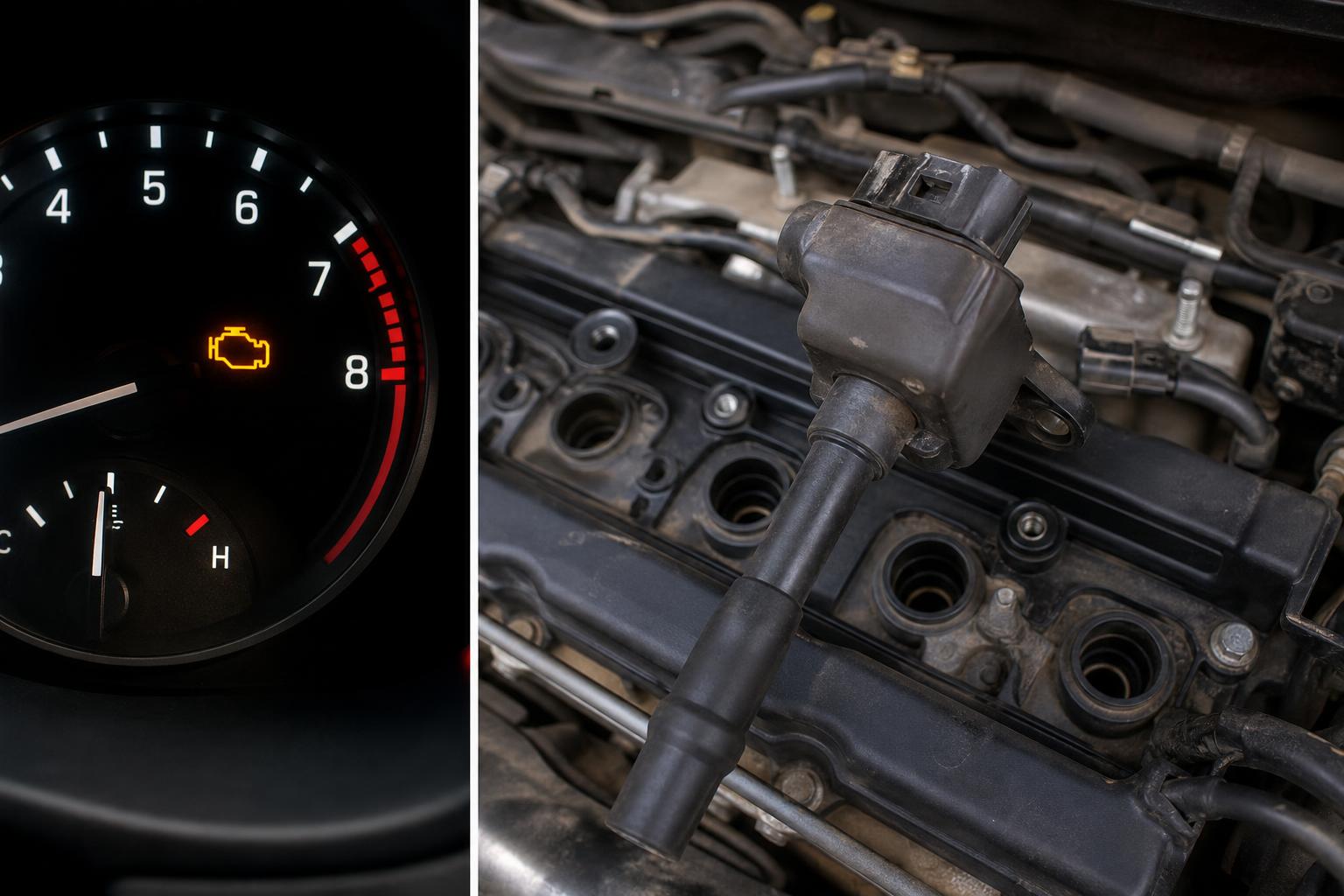 Gyújtótrafó és gyújtógyertyák közeli képe egy benzinmotor motorterében