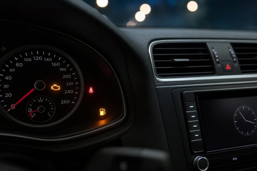 Autó műszerfala alacsony üzemanyagszintet és motorhiba-jelzést mutat a hangos üzemanyagpumpa témájához