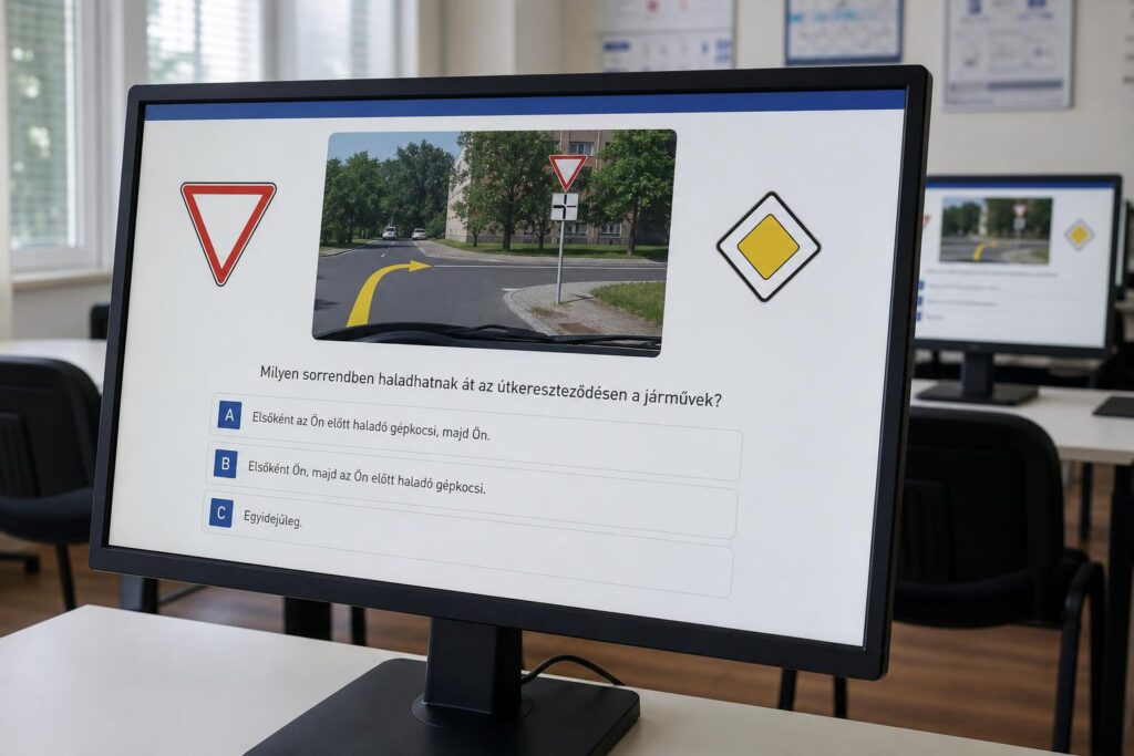 KRESZ-vizsgára készülő számítógépes tesztfelület közlekedési táblákkal