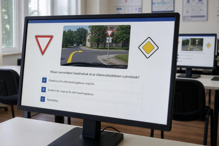 KRESZ-vizsgára készülő számítógépes tesztfelület közlekedési táblákkal