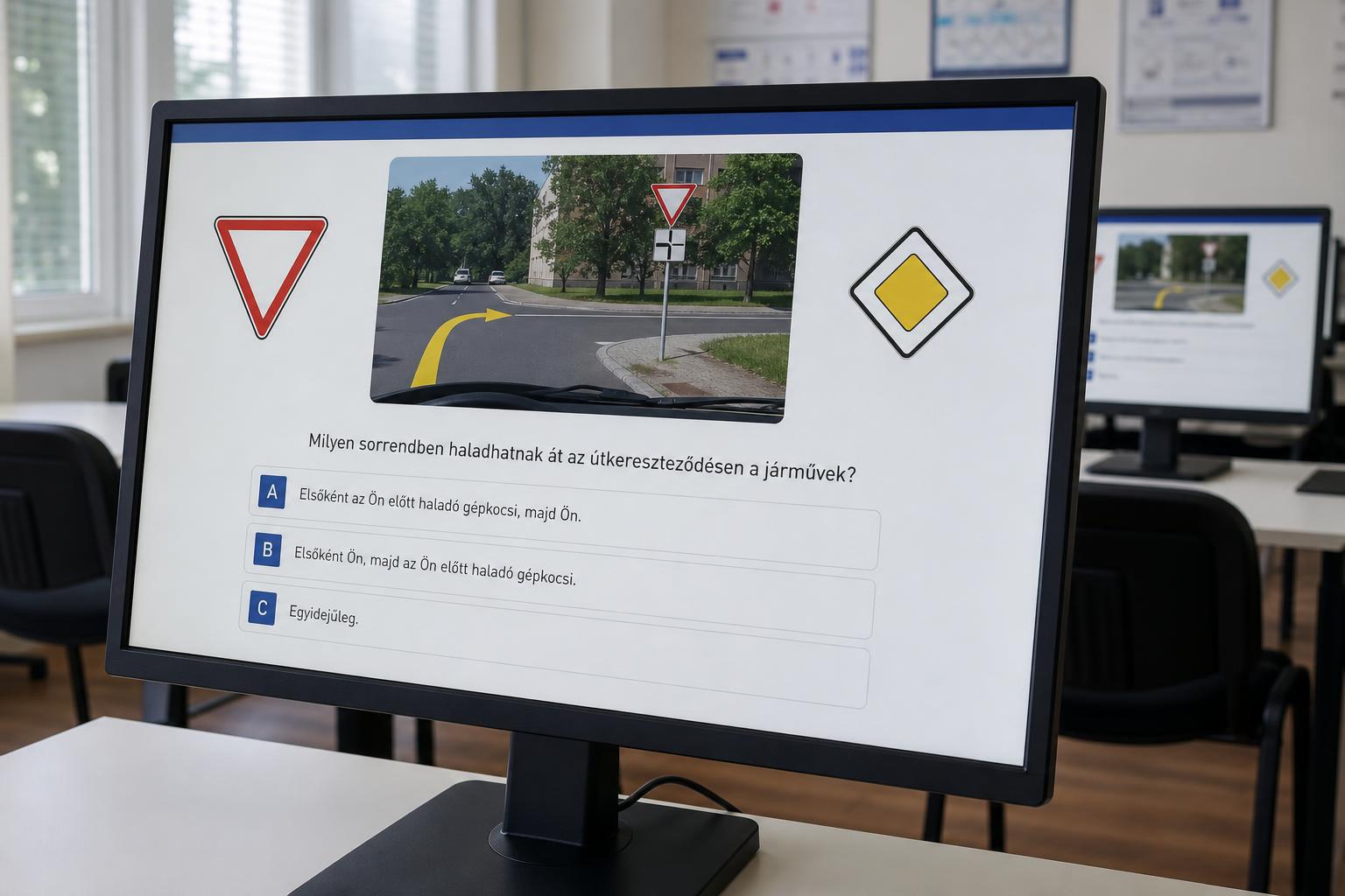 KRESZ-vizsgára készülő számítógépes tesztfelület közlekedési táblákkal