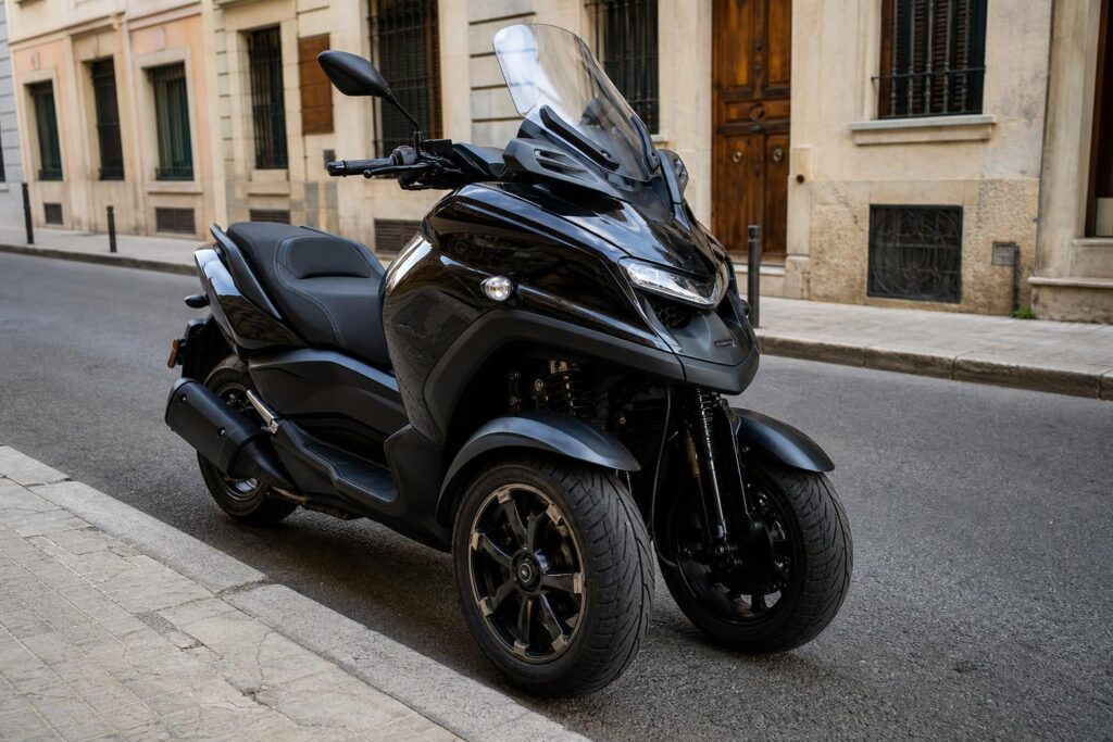 Modern háromkerekű motorkerékpár két első kerékkel, utcai környezetben