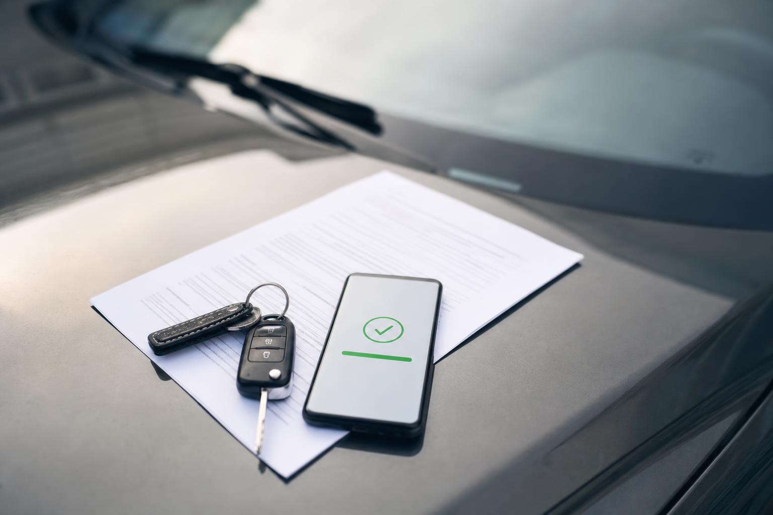 Használt autó adásvételi szerződése, kulcsai és banki átutalást mutató telefon egy autó mellett