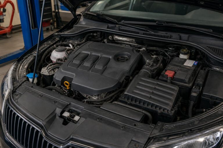 Használt autó nyitott motorterének részlete folyadék- és akkumulátor-ellenőrzés közben egy műhelyben