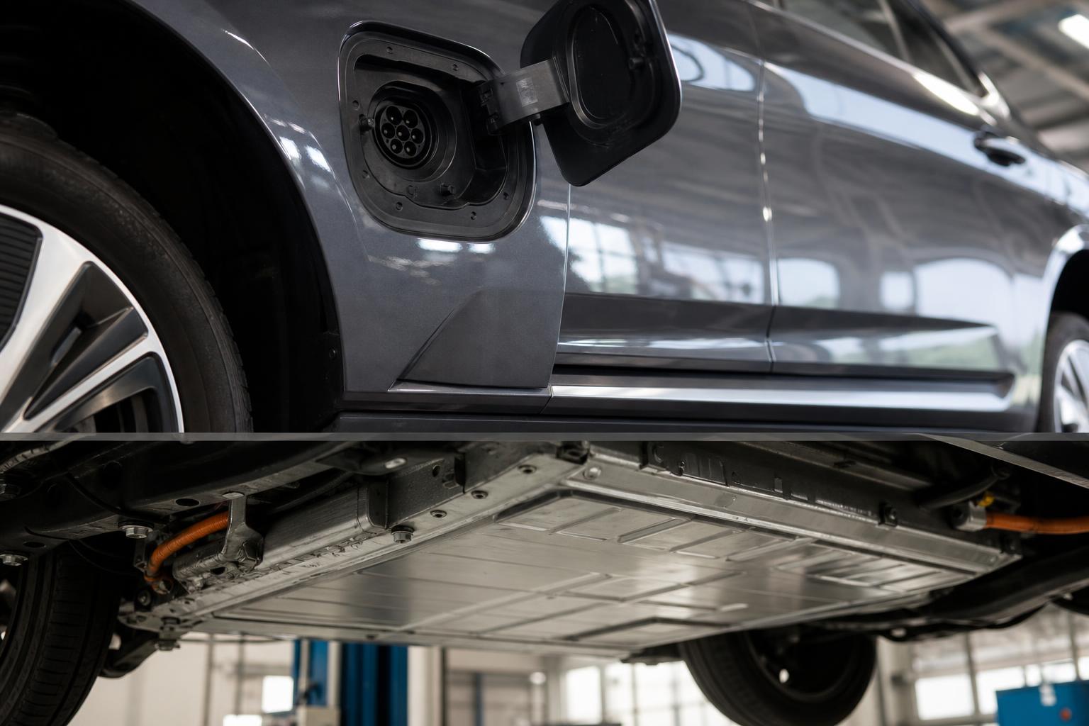 Használt elektromos autó töltőcsatlakozója és akkumulátorának ellenőrzése szervizben