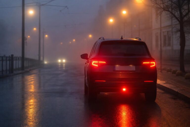 Autó bekapcsolt hátsó ködlámpával sűrű ködben, városi úton