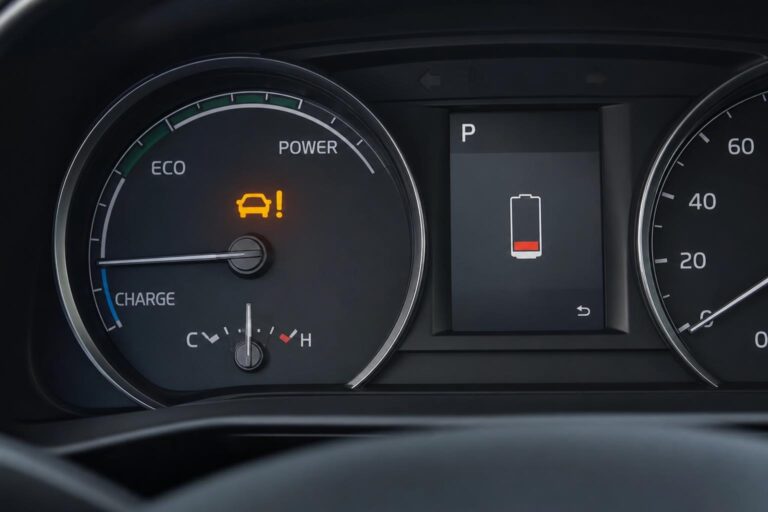 Hibrid autó műszerfala elektromos hajtásra és akkumulátorra utaló gyári figyelmeztető jelzéssel