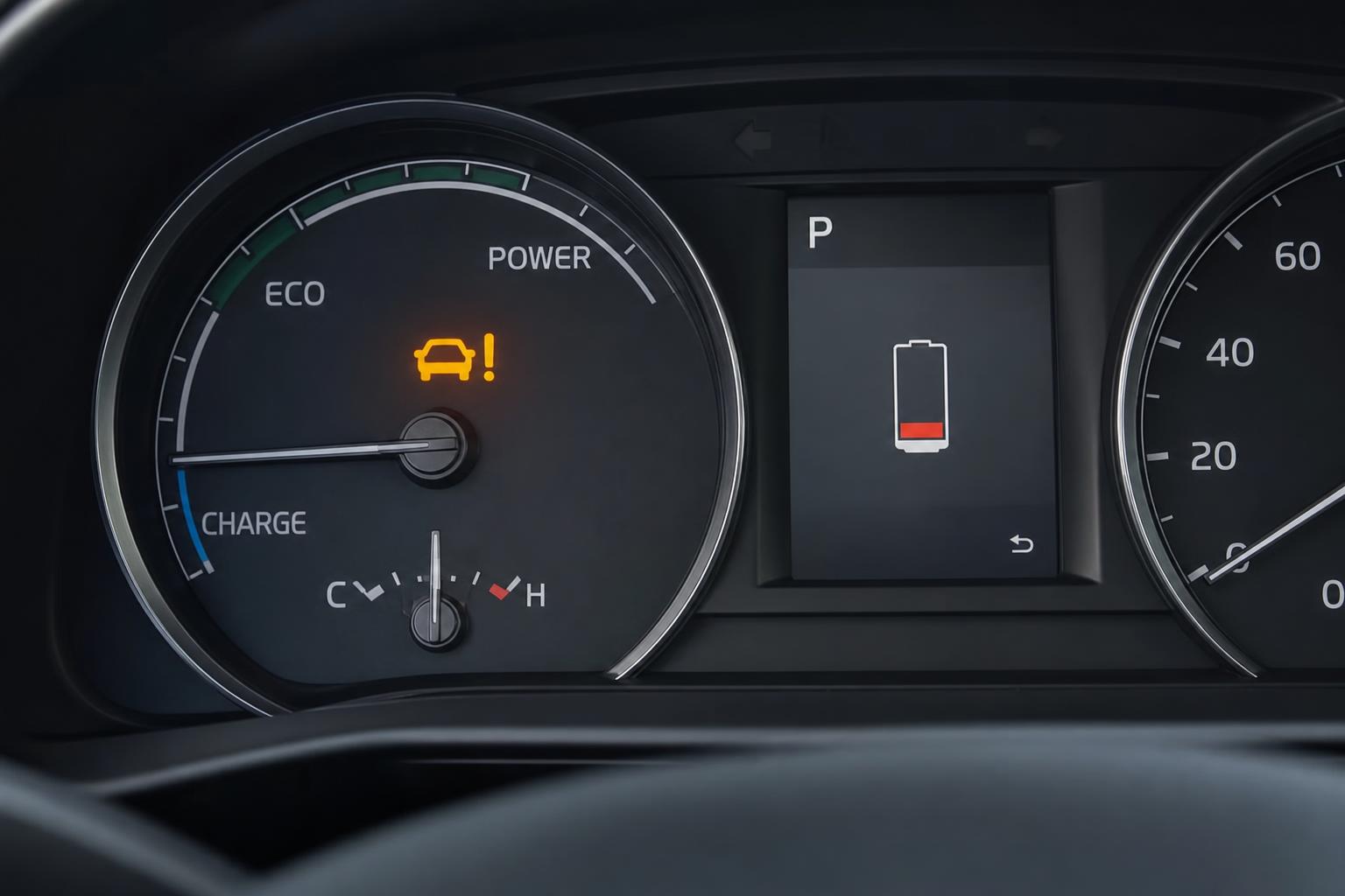 Hibrid autó műszerfala elektromos hajtásra és akkumulátorra utaló gyári figyelmeztető jelzéssel