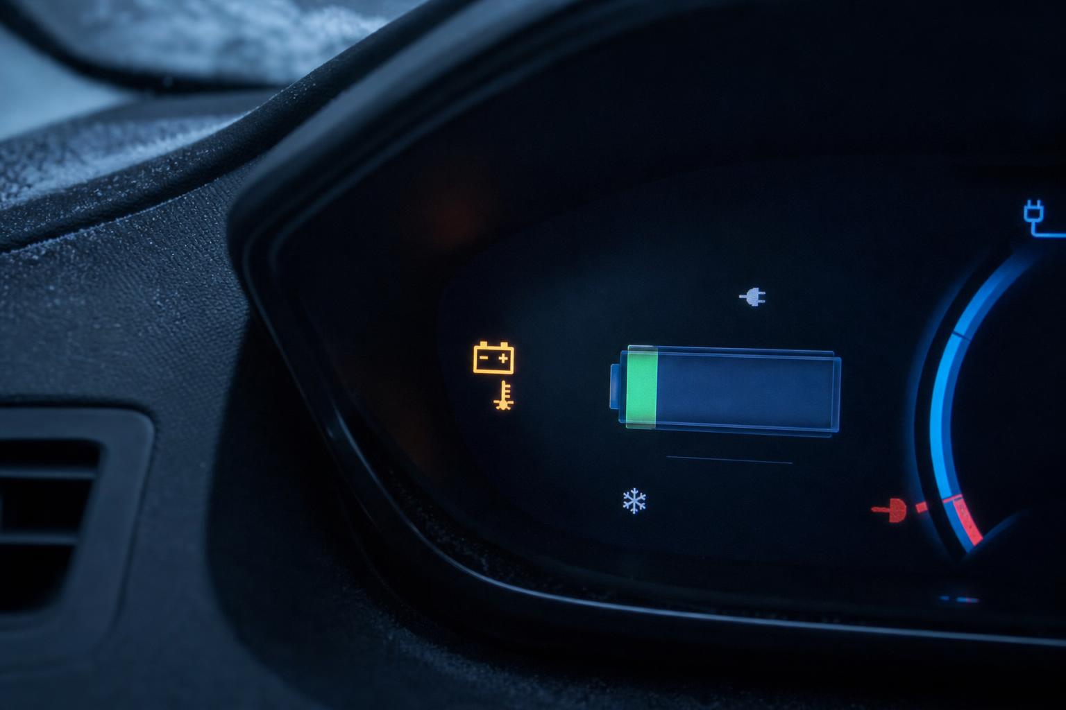 Elektromos autó műszerfala hideg akkumulátorra és csökkentett töltési teljesítményre utaló gyári jelzéssel