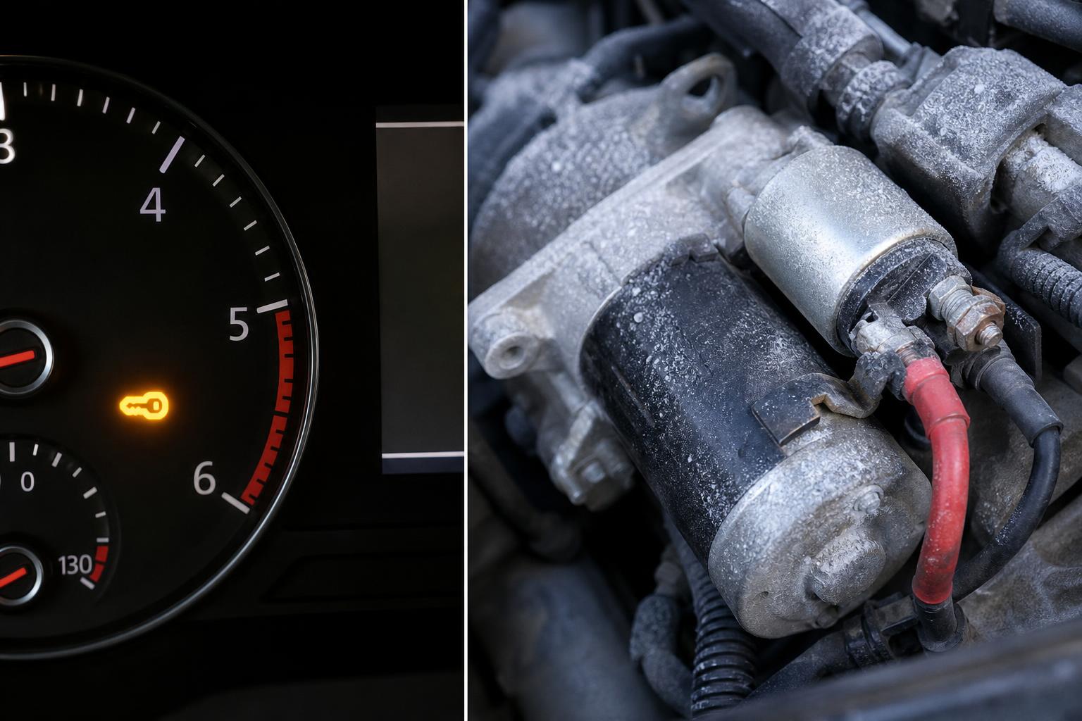 Hideg motortérben látható önindító és akkumulátorkábelek közeli, élethű képe