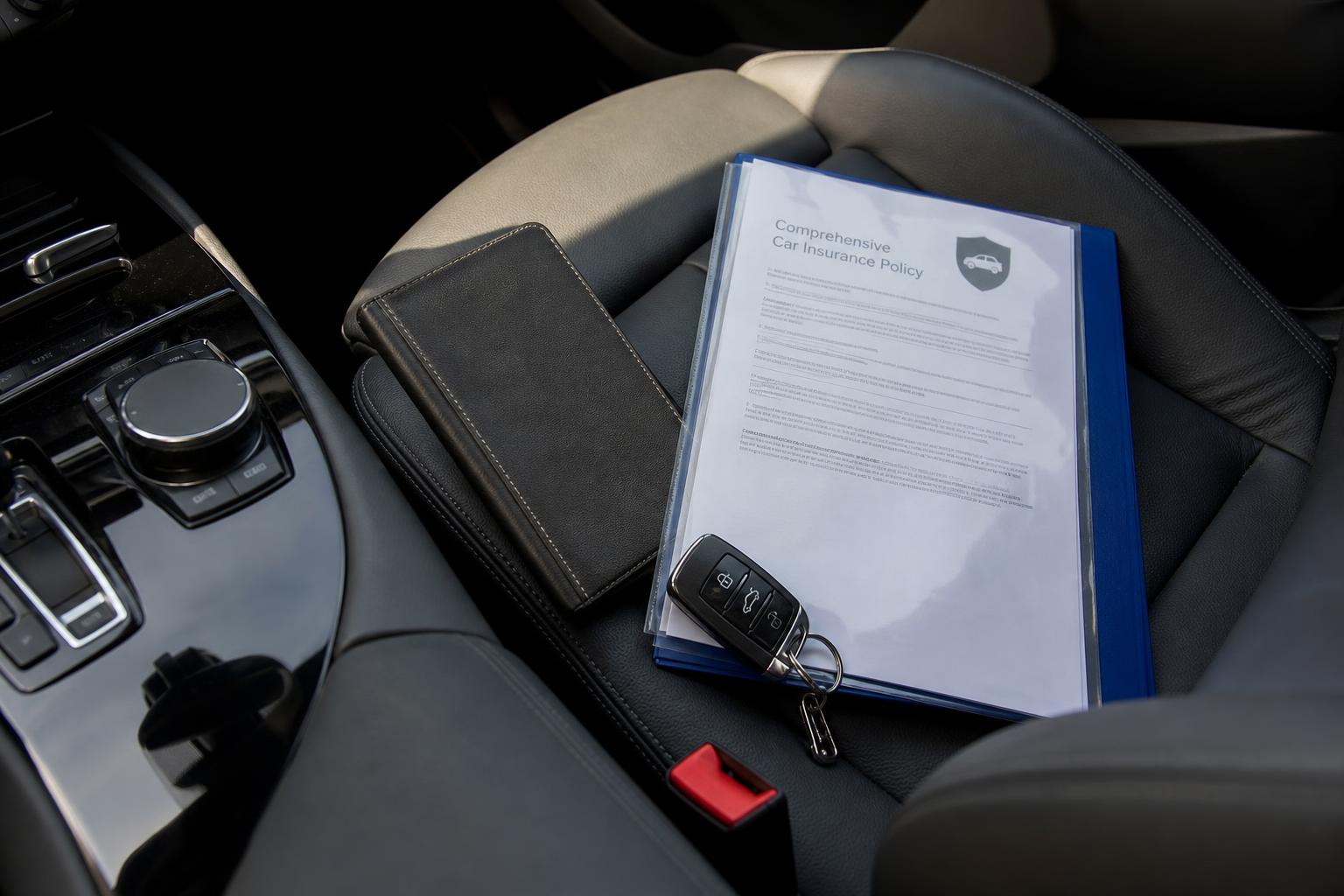Hitelre vásárolt autó casco biztosításához kapcsolódó iratok és autókulcs egy modern autó utasterében