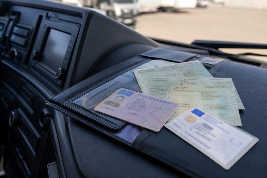 Hivatásos sofőr jogosítványa, tachográfkártyája és fuvarozási okmányai egy teherautó műszerfalán