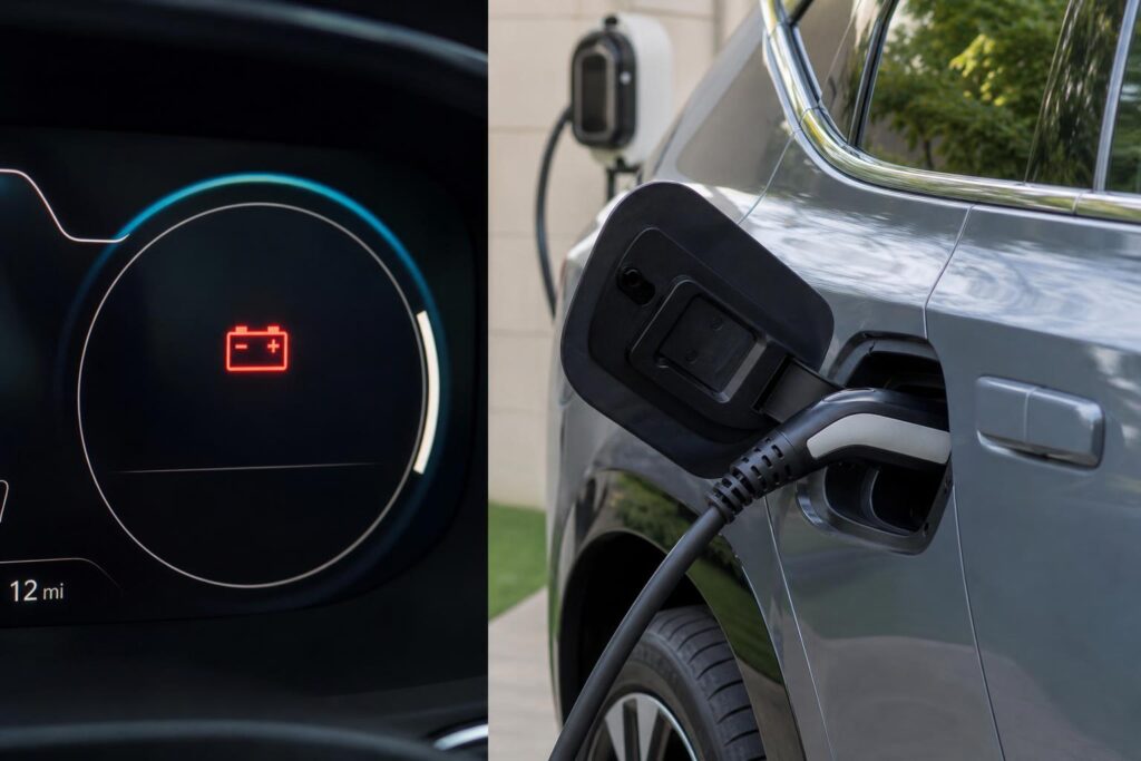 Elektromos autó töltőcsatlakozója csatlakoztatott kábellel otthoni töltés közben