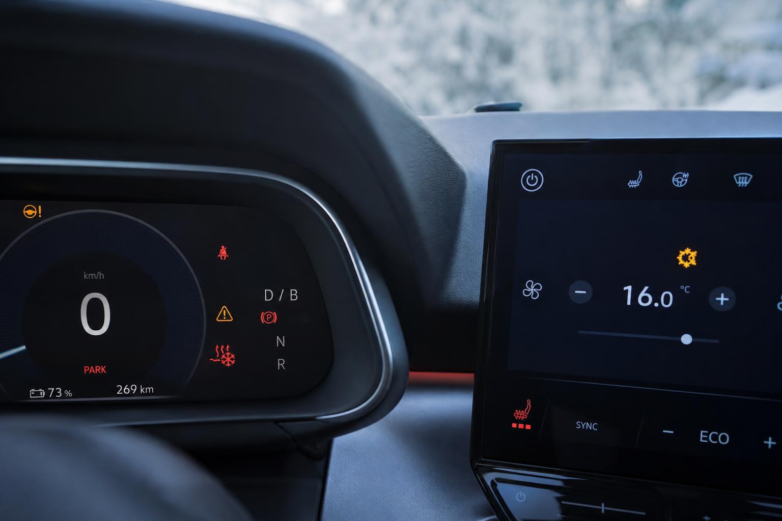 Elektromos autó műszerfala és klímavezérlője hőszivattyús fűtési probléma közben