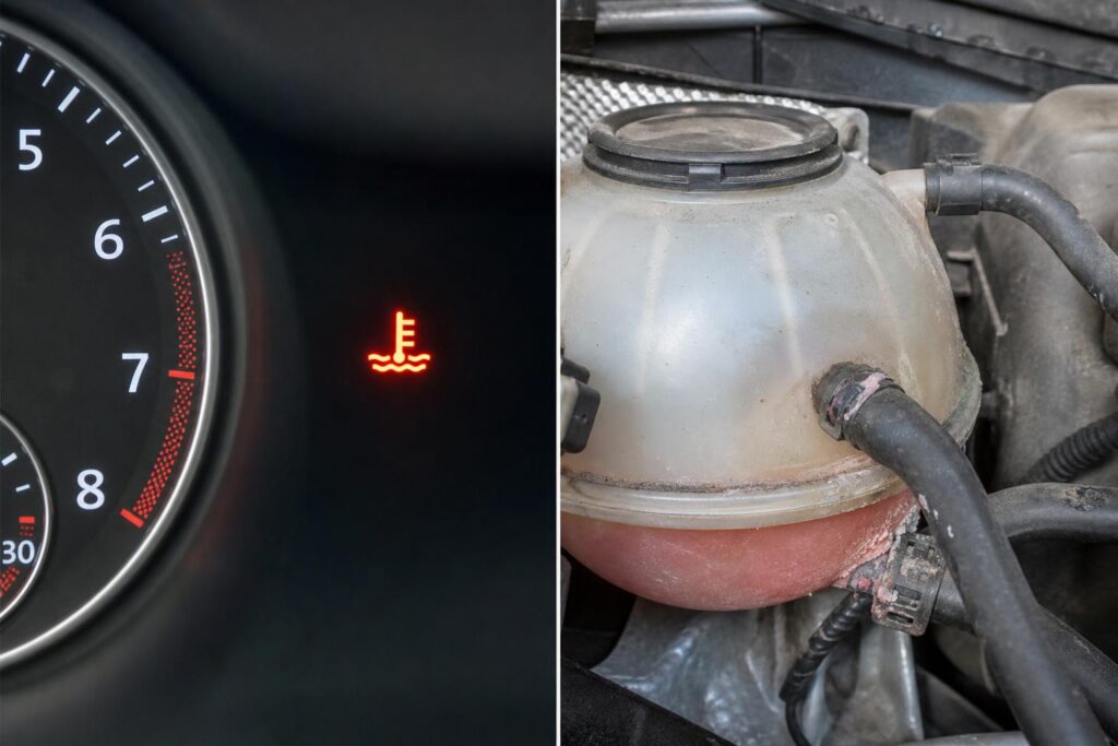 Autó motorterében látható hűtőfolyadék-tartály és szivárgásnyom a hűtőrendszer egyik csatlakozásánál
