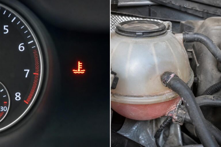 Autó motorterében látható hűtőfolyadék-tartály és szivárgásnyom a hűtőrendszer egyik csatlakozásánál