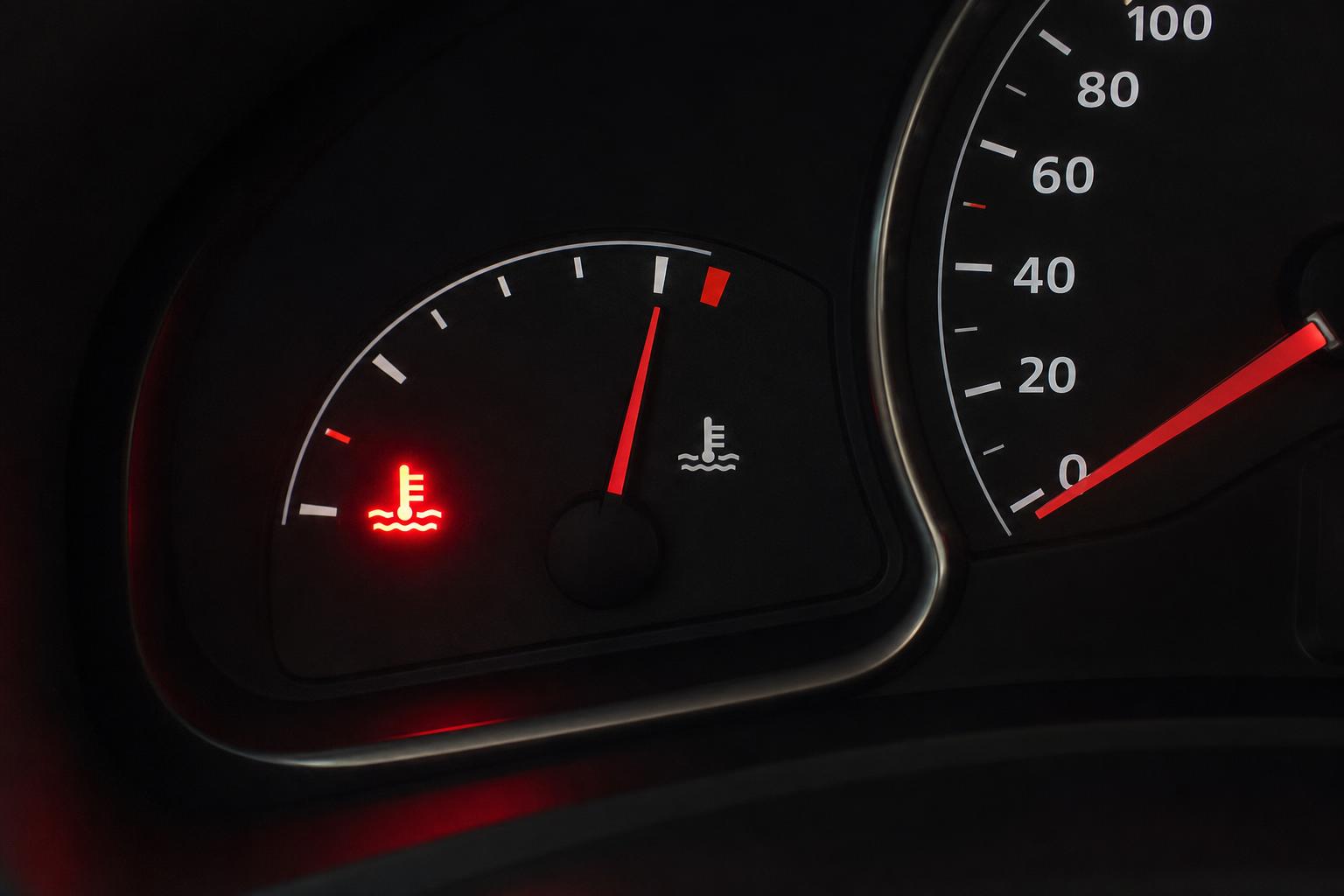 Autó műszerfalának közeli képe piros hűtőfolyadék- és motorhőmérséklet-figyelmeztető ikonnal