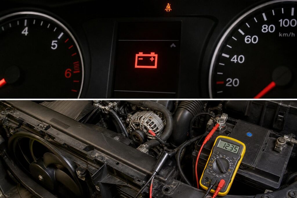 Hűtőventilátor és akkumulátor feszültségének mérése digitális multiméterrel egy autó motorterében