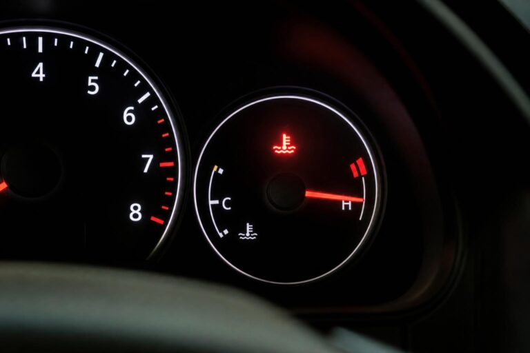 Autó műszerfala emelkedő motorhőmérsékletet jelző piros figyelmeztető ikonnal