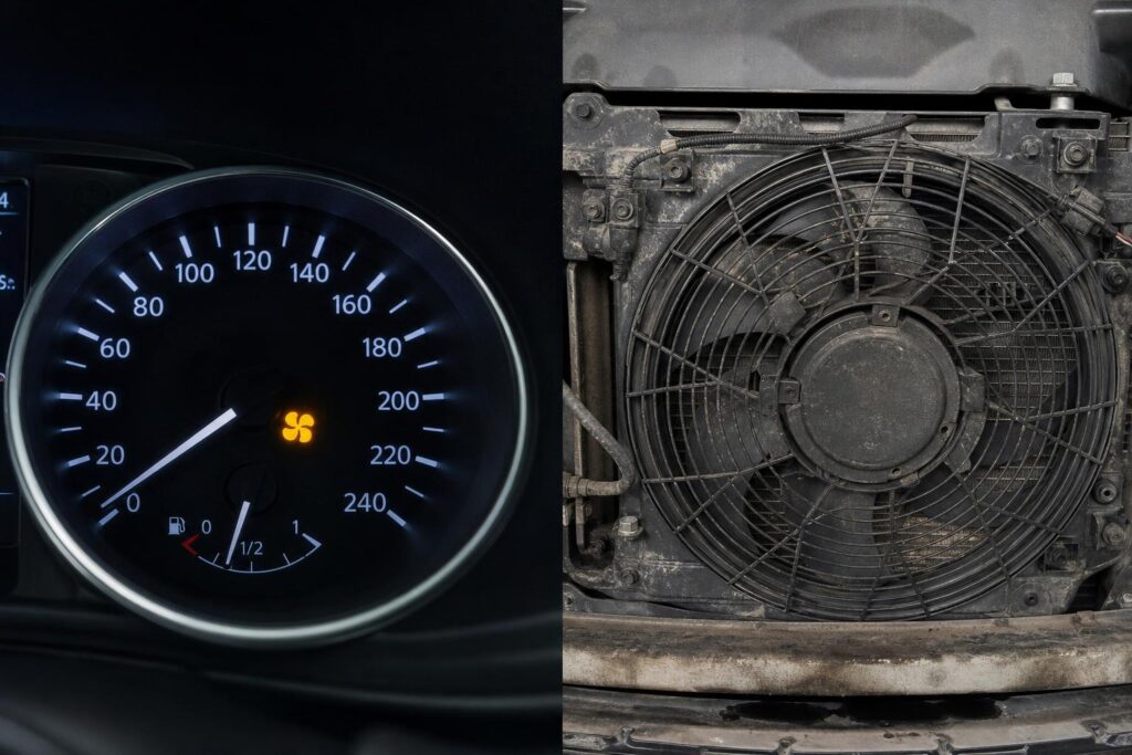 Autó motorterében látható hűtőradiátor és elektromos hűtőventilátor