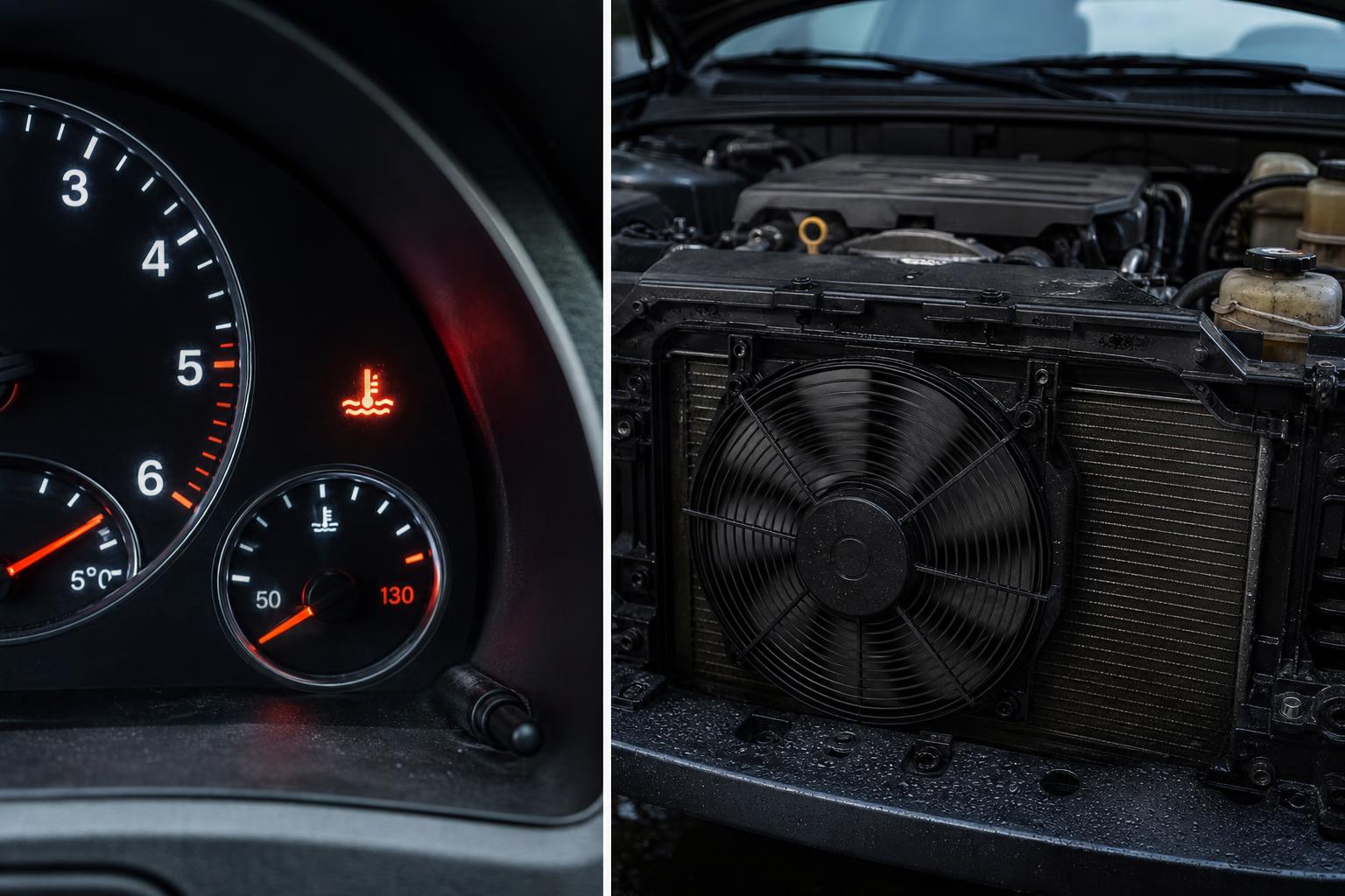 Hideg motor mellett működő autó hűtőventilátora a motortérben