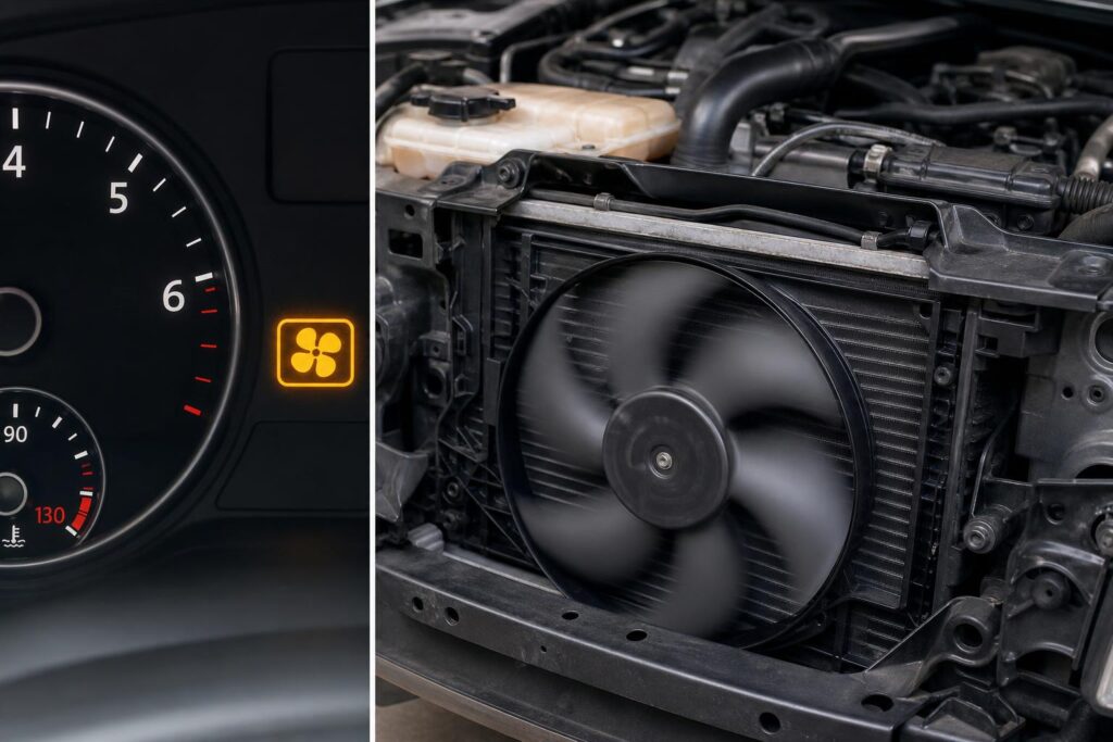 Autó motorterében nagy fordulaton működő elektromos hűtőventilátor a hűtőradiátor előtt