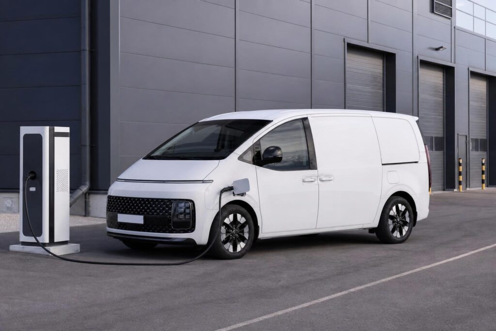 Hyundai Staria Cargo Elektro elektromos furgon töltőállomás mellett