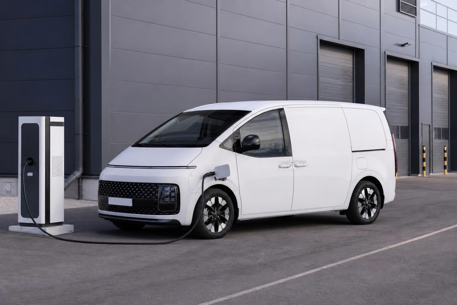 Hyundai Staria Cargo Elektro elektromos furgon töltőállomás mellett
