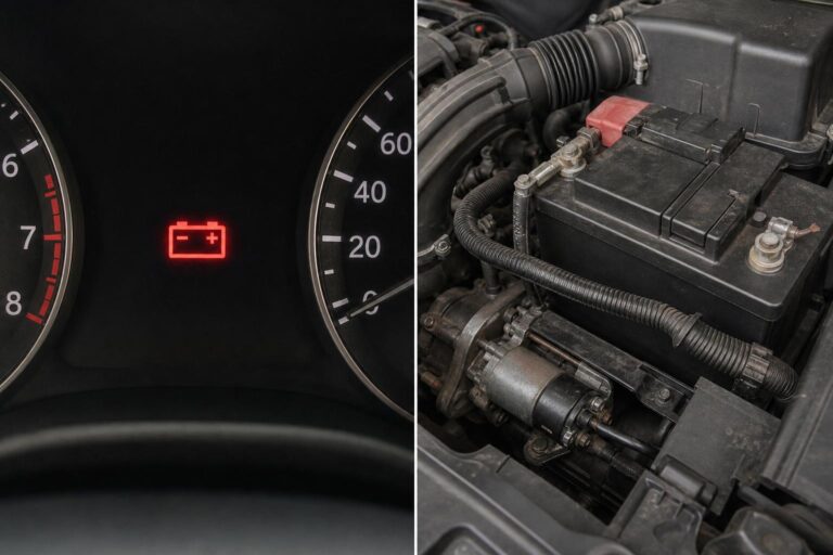 Autó motorterének közeli képe az akkumulátorral és az önindító környékével, indítási hiba szemléltetéséhez