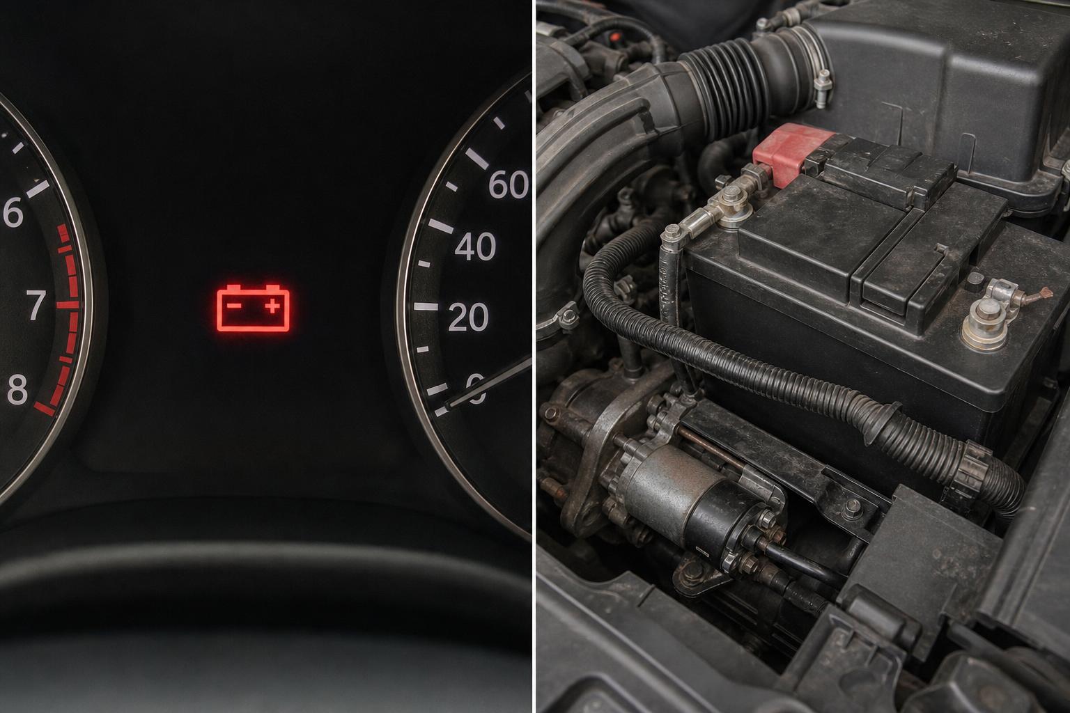 Autó motorterének közeli képe az akkumulátorral és az önindító környékével, indítási hiba szemléltetéséhez