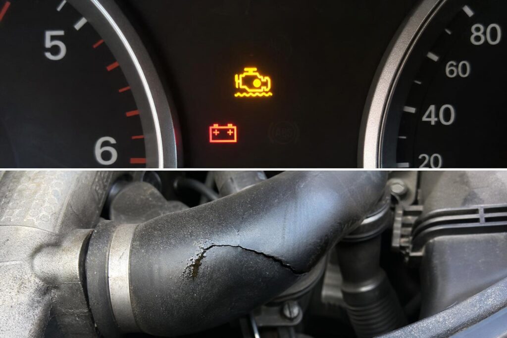 Repedt intercooler cső olajos nyomokkal egy turbófeltöltős autó motorterében