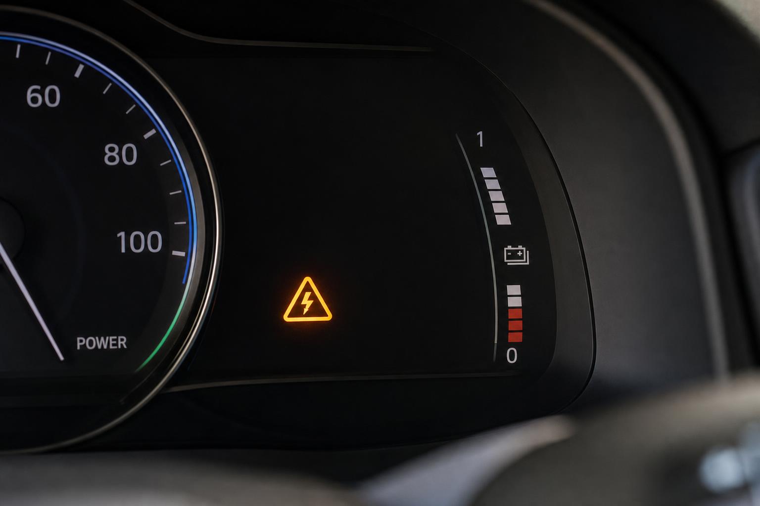 Elektromos autó műszerfala hajtásrendszer- és inverterhibára utaló gyári figyelmeztető ikonnal