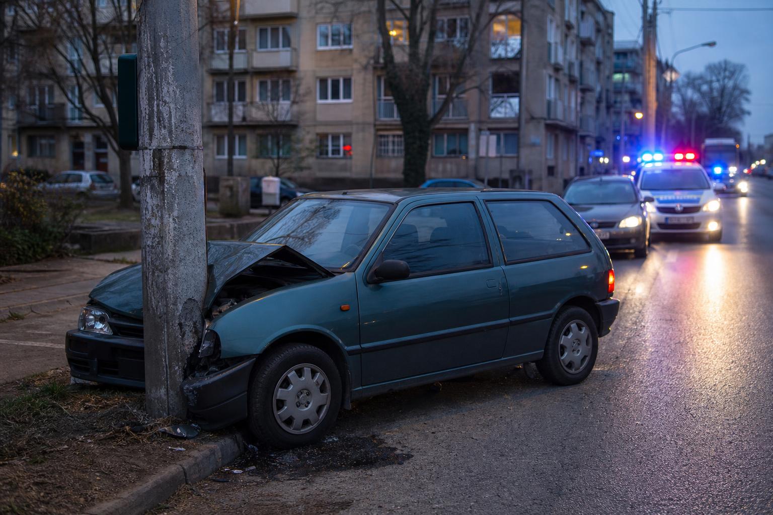 Rendőri intézkedés egy villanyoszlopnak ütközött Toyota Yaris mellett Debrecenben