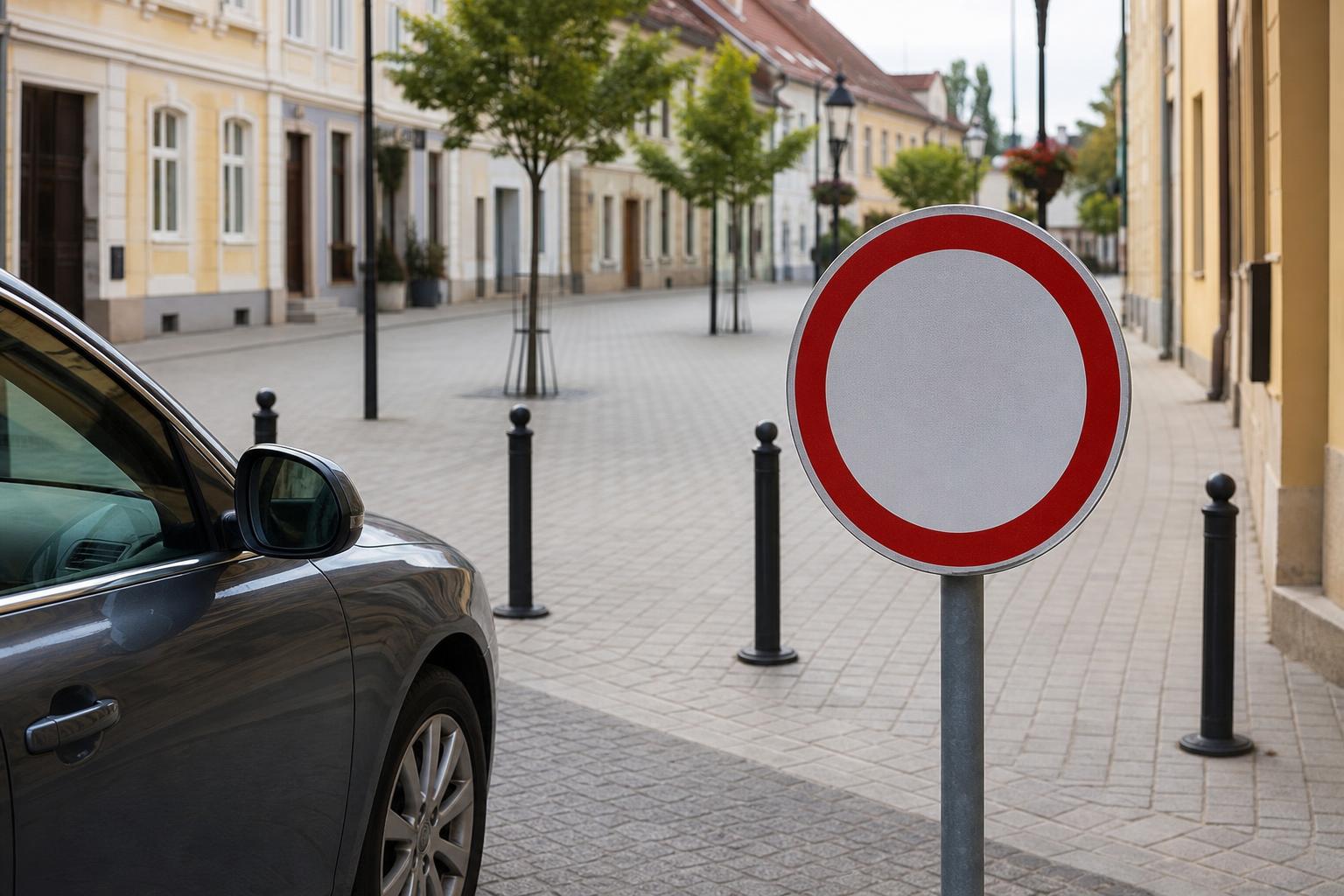 Járműforgalom elől elzárt terület bejárata tiltó táblával és pollerekkel