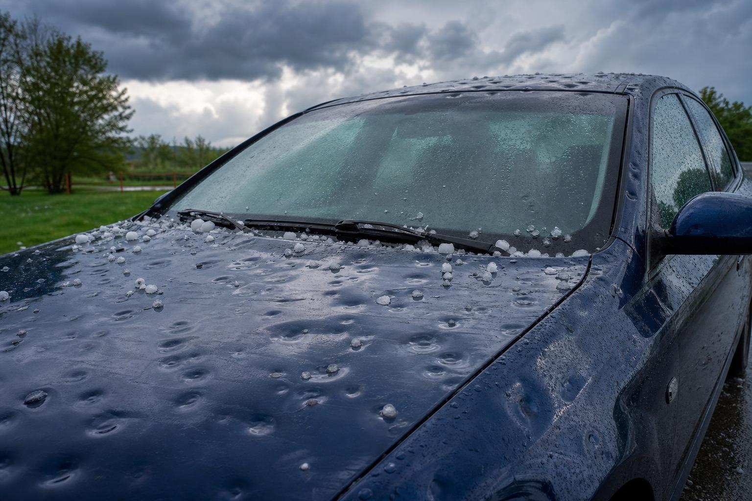 Jégeső után látható horpadások egy autó motorháztetején és tetején