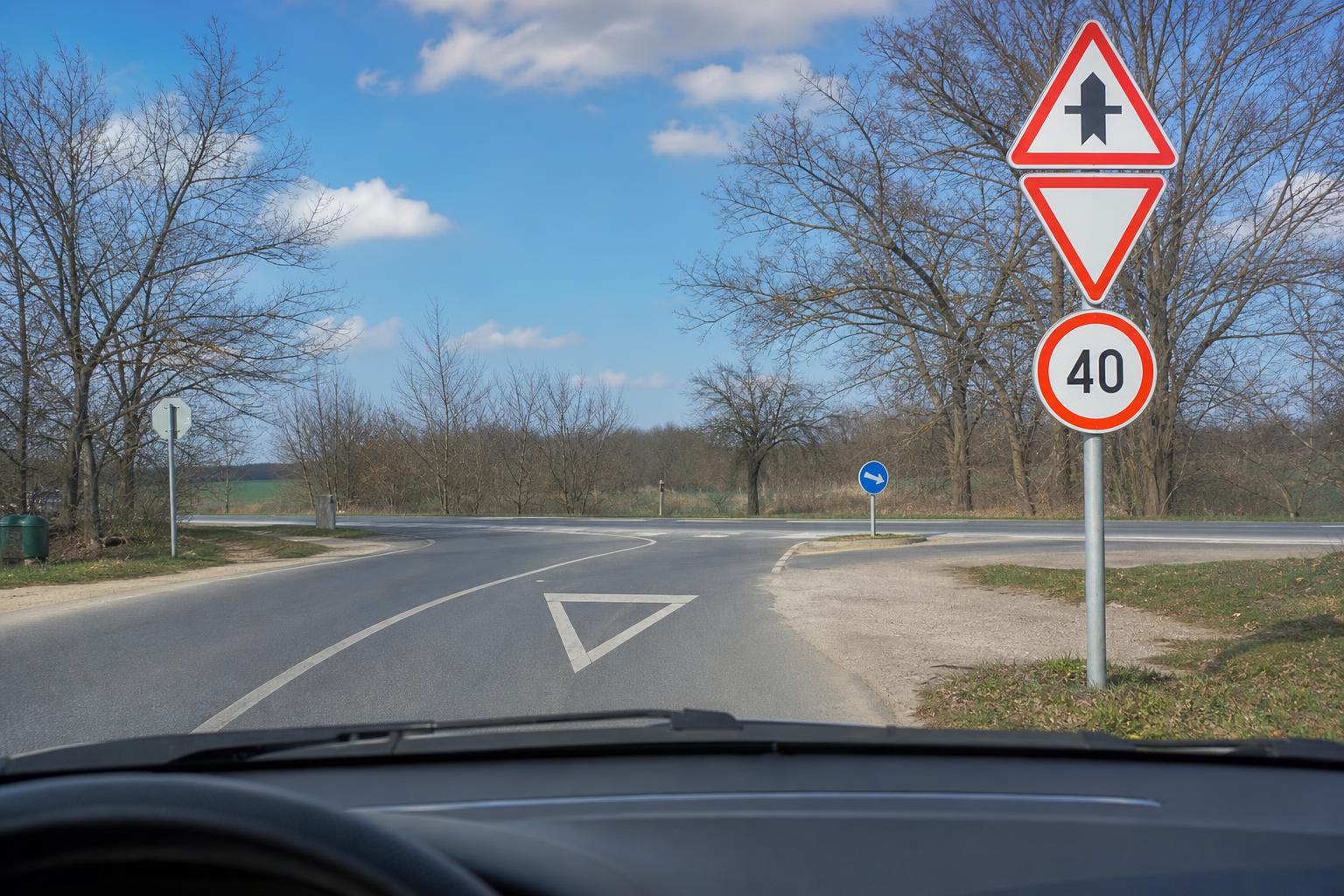 Magyar közúti jelzőtáblák, köztük veszélyt jelző, elsőbbségadás és sebességkorlátozó tábla egy valós útszakaszon