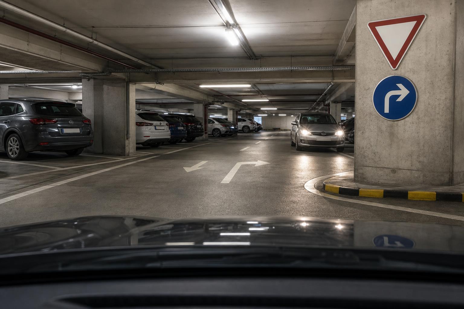 Parkolóház belső kereszteződése, ahol jobbról érkező autó közeledik a vezető felé