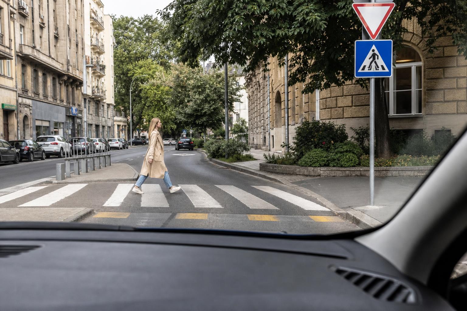 Jobbra kanyarodó autó és az útkereszteződésben átkelő gyalogos a zebránál