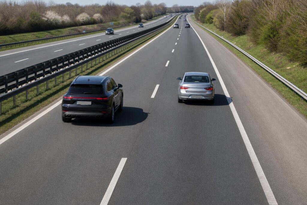Négysávos autópályán a jobb szélső sávban haladó autó és a bal oldali sávban szabályosan előző jármű