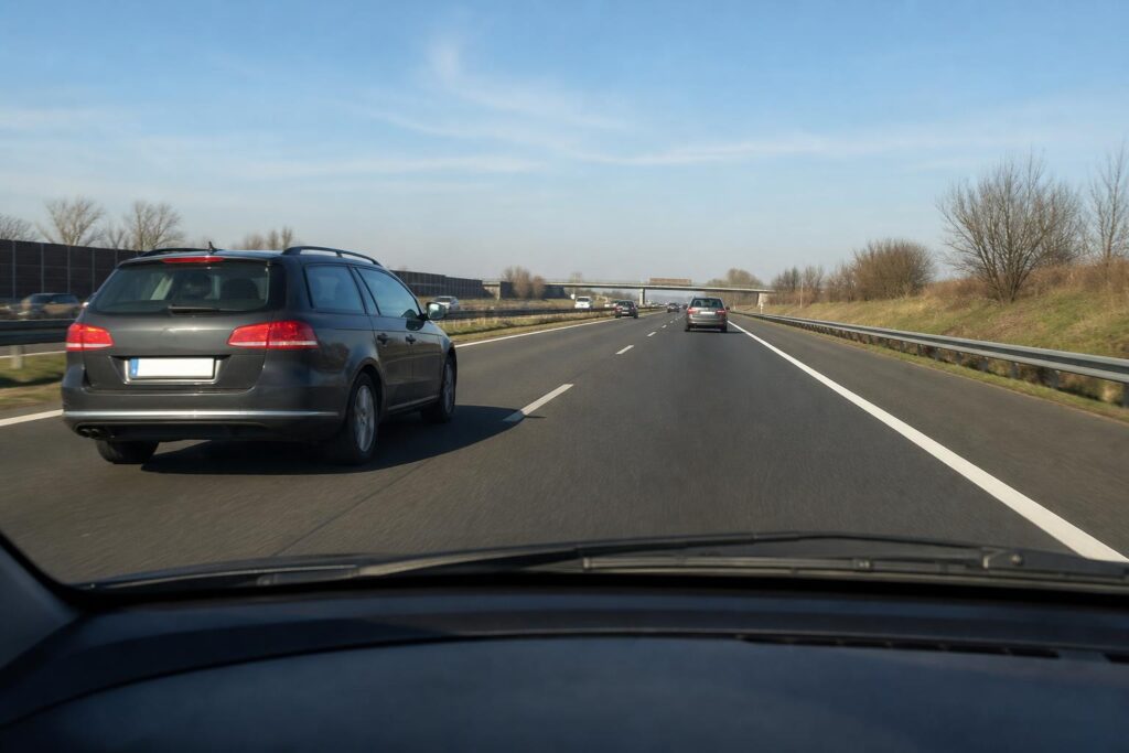 Autópályán a jobb oldali sávban haladó autó, miközben egy másik jármű a bal sávban előz