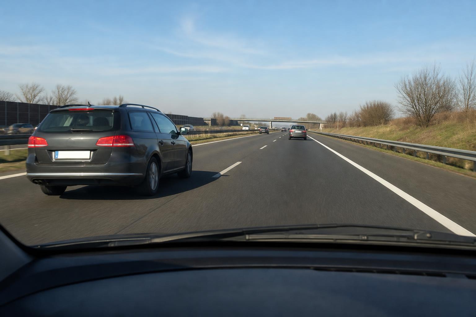 Autópályán a jobb oldali sávban haladó autó, miközben egy másik jármű a bal sávban előz